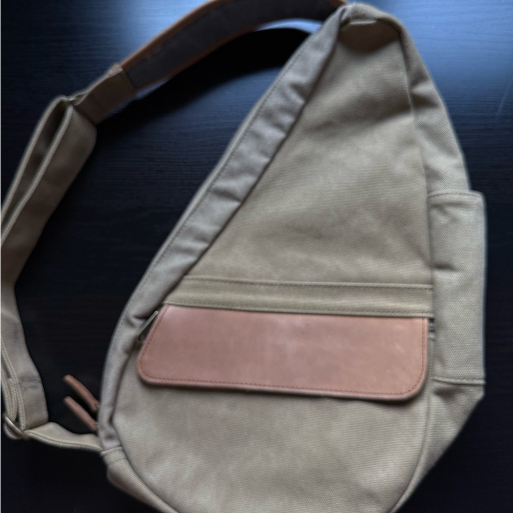 Vintage L.L. Bean Canvas Leather Sling Bag Khaki Crossbody Utility Bag - Picture 4 of 5